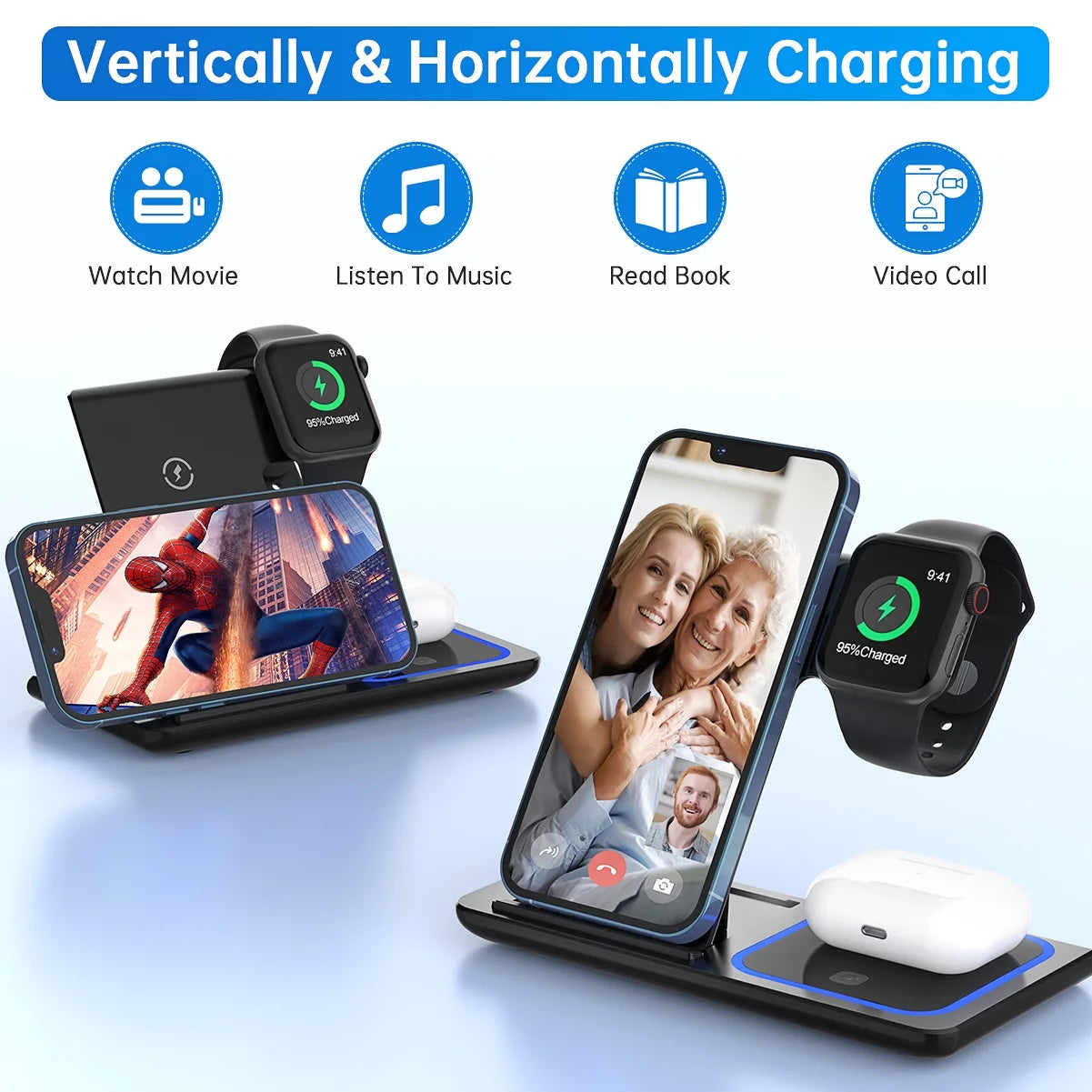 18W Fast Wireless Charging Station for iPhone, 3-in-1 Stand for Apple Watch Series and AirPods Pro/3/2 with QC3.0 Adapter