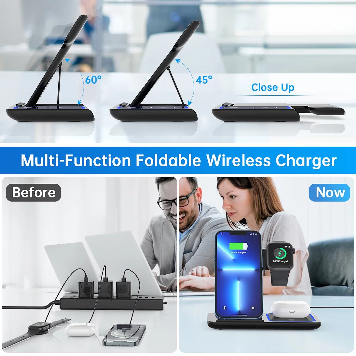 18W Fast Wireless Charging Station for iPhone, 3-in-1 Stand for Apple Watch Series and AirPods Pro/3/2 with QC3.0 Adapter