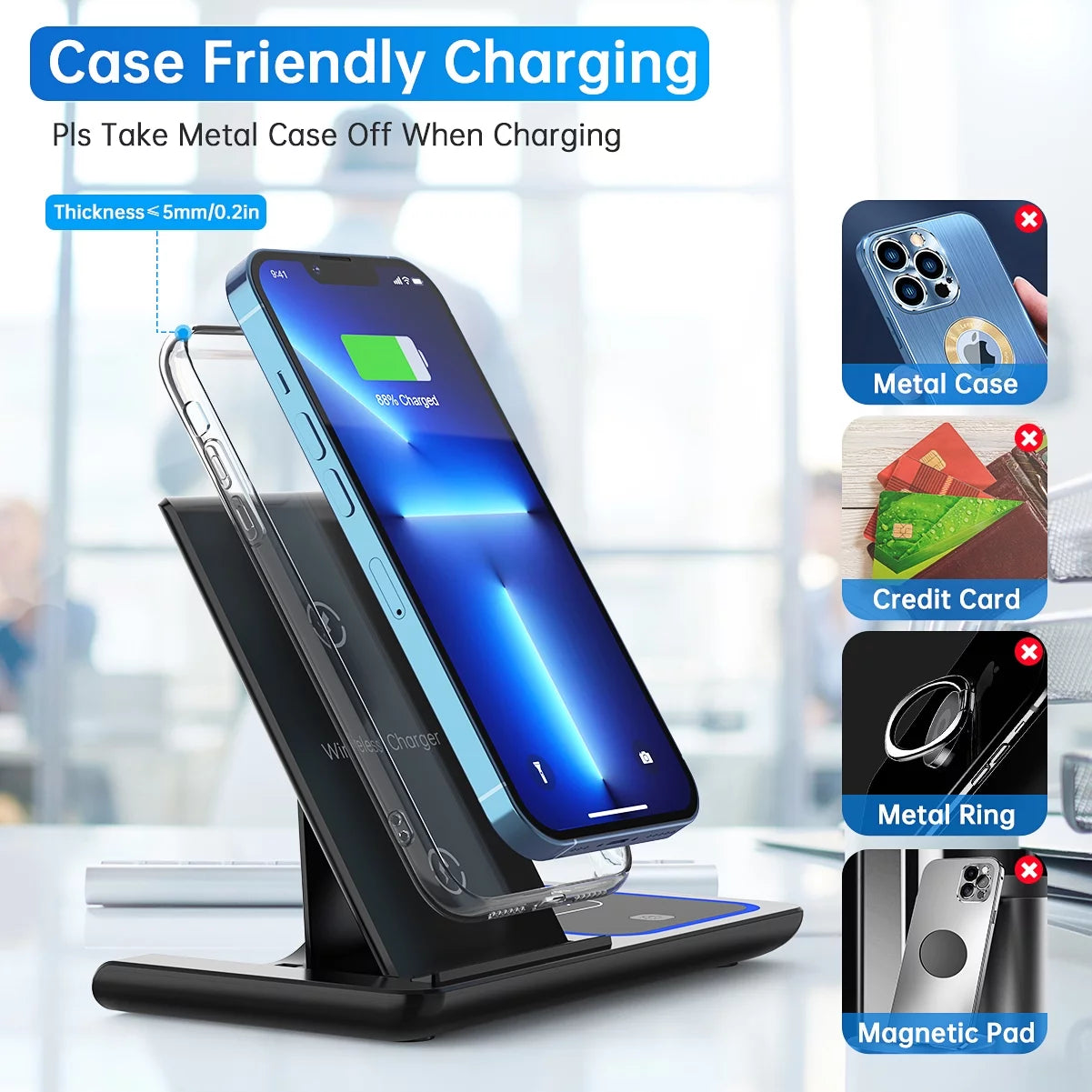 18W Fast Wireless Charging Station for iPhone, 3-in-1 Stand for Apple Watch Series and AirPods Pro/3/2 with QC3.0 Adapter