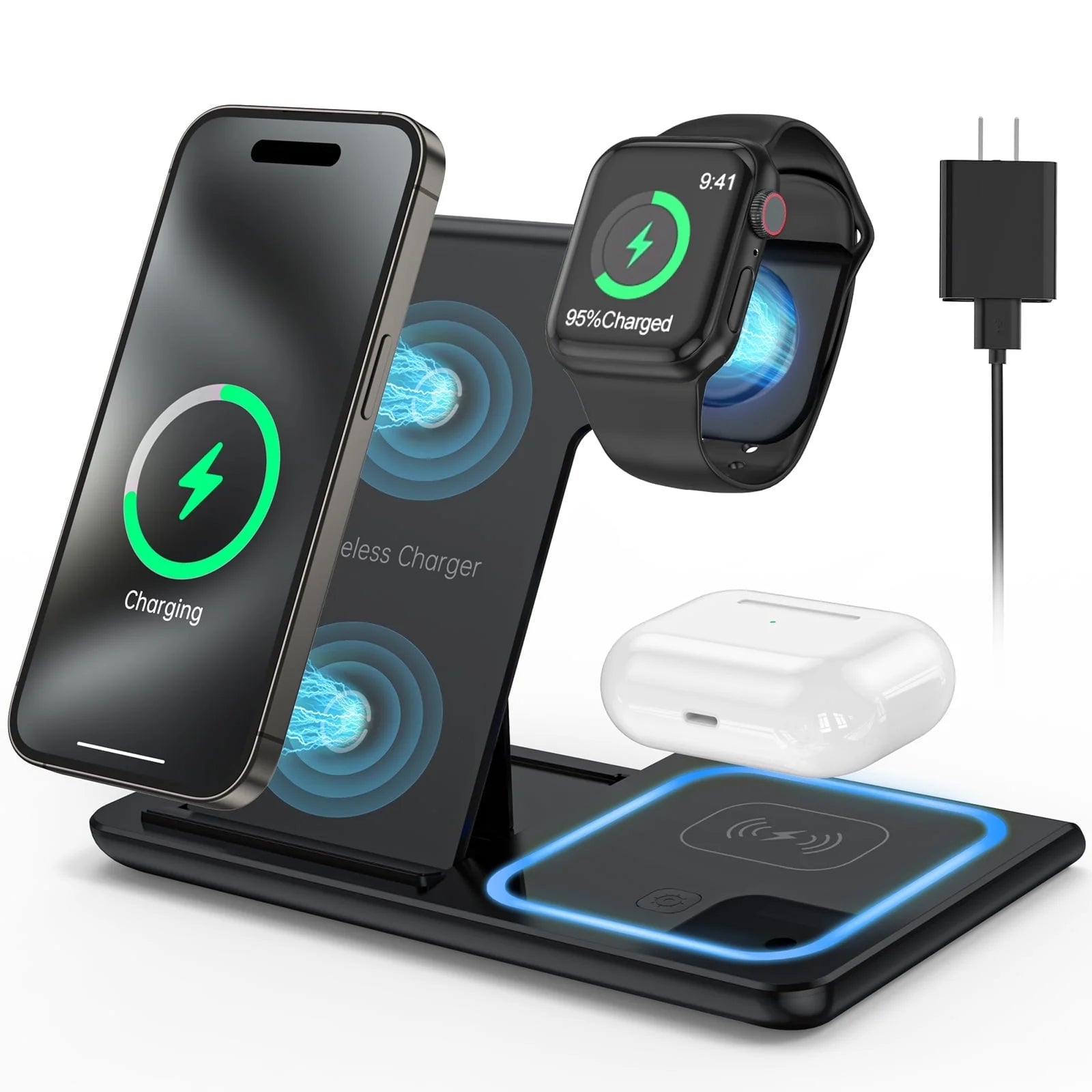 18W Fast Wireless Charging Station for iPhone, 3-in-1 Stand for Apple Watch Series and AirPods Pro/3/2 with QC3.0 Adapter