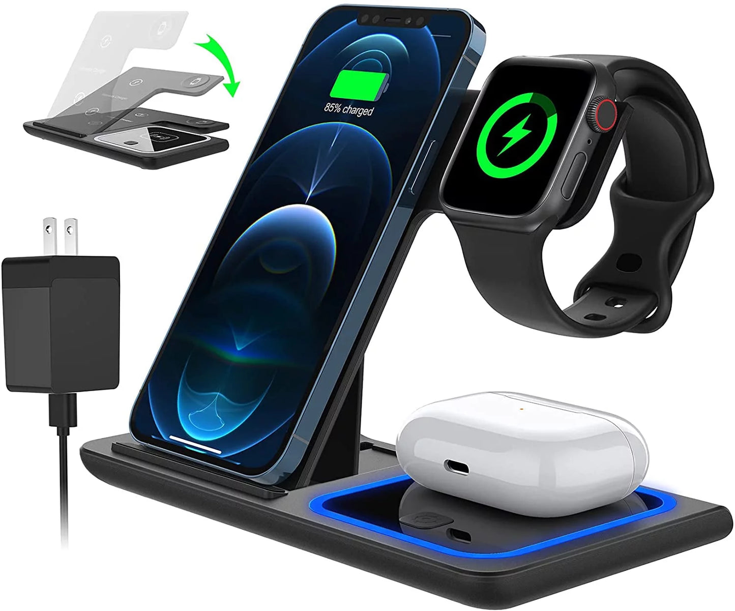 18W Fast Wireless Charging Station for iPhone, 3-in-1 Stand for Apple Watch Series and AirPods Pro/3/2 with QC3.0 Adapter